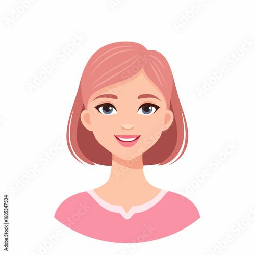 A young smiling woman with pink hair.