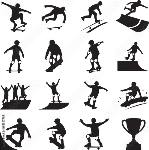 Silhouette collection of skateboarders performing tricks and a trophy skateboarding extreme sport