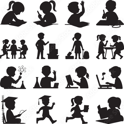 Children silhouettes engaged in various educational activities and school-related actions