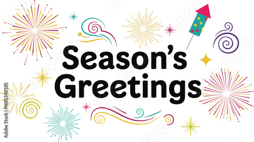 Season's Greetings design featuring fireworks and festive elements. Holiday, greeting, celebration, festive, design, decoration, new year
