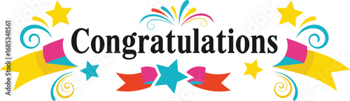 Colorful 'Congratulations' graphic illustration, celebratory design. Celebration, achievement, greeting, congrats, message, holiday, decorative, festive, party, event, invitation.