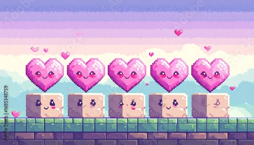 Pixelated hearts on platforms