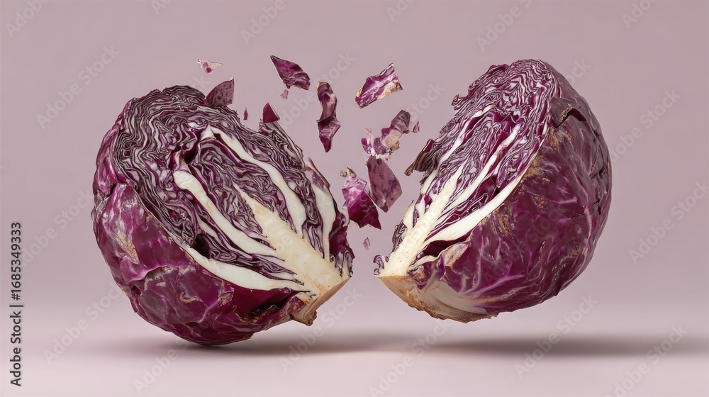 Obraz premium Vibrant Red Cabbage Split in Mid-Air Against Soft Pink Background with Fragmentation Effect