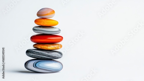 Vibrant stacked agate stones on white background. Nature inspiration, wellness symbol, meditation. Zen, relaxation theme, holistic health, mindfulness, mental health, life balance.