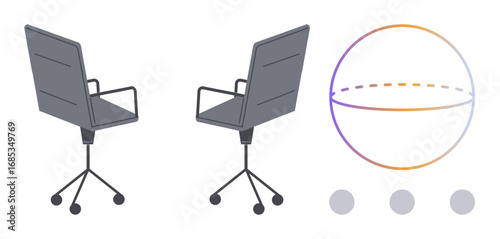 Two office chairs with wheels facing slightly off-center alongside a gradient-outlined abstract sphere and three dots. Ideal for teamwork, innovation, meeting, design thinking, workplace creativity