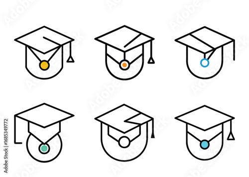 A Collection of Graduation Caps with colorful Circles and Black Outlines