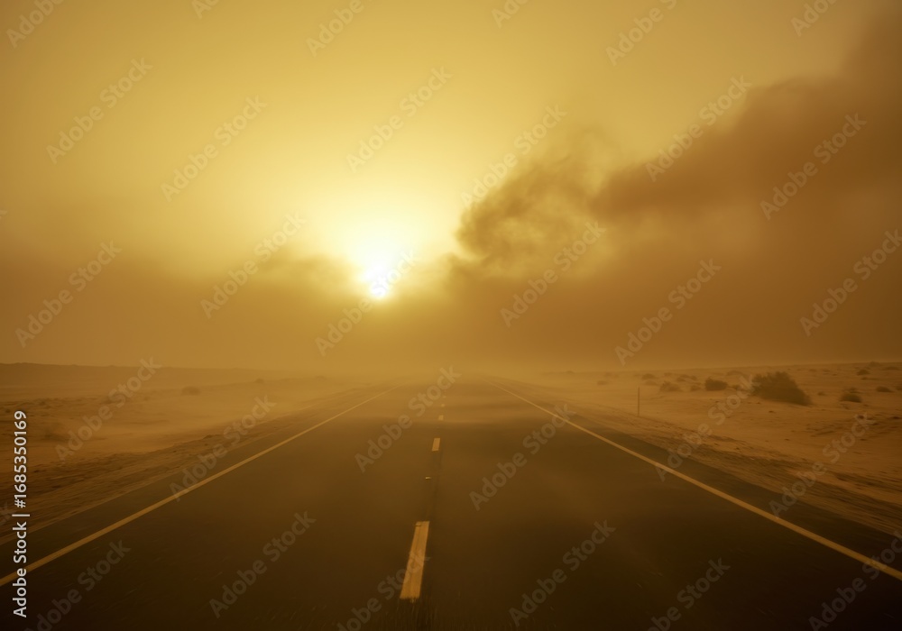 Naklejka premium Desert road obscured by sandstorm dust