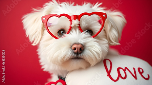 Portrait of a white cavapoo wearing heart shaped glasses and a luv pillow against a red background