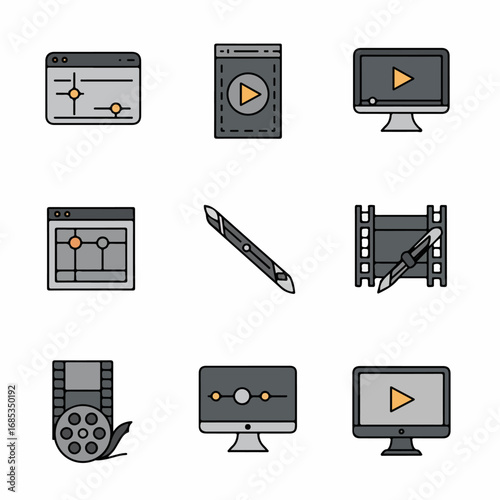 Digital Video and Film Editing Icons Set: Featuring Media Playback, Production Software Interfaces, Film Strips, and Post-Production Tools for Creative Content Creation.