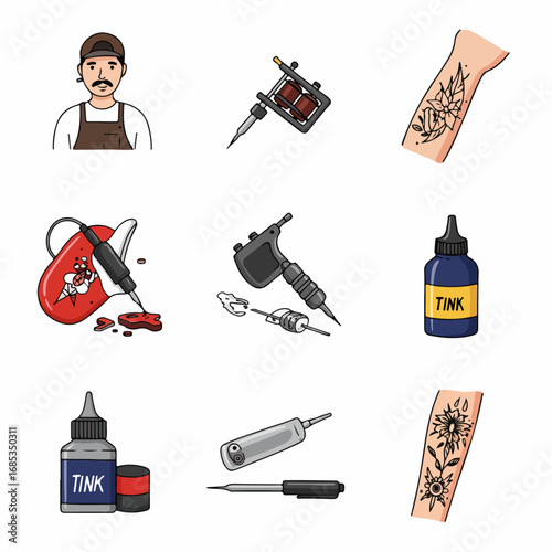 Tattooing Essentials: An Illustrated Collection of Artists, Machines, Inks, and Body Art Designs, Perfect for Studio and Culture-Related Projects.