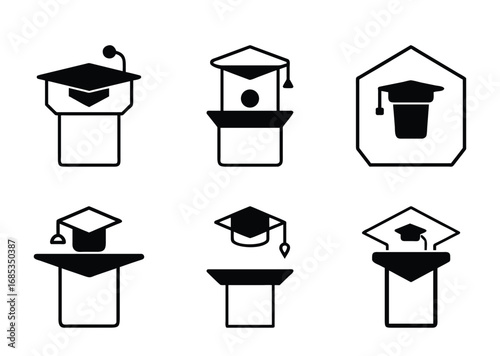 Collection of minimalist graduation cap atop podium icons symbolizing academic achievement