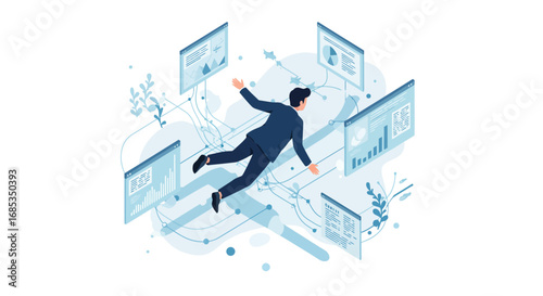 A businessman levitates amidst data screens, representing business analysis and technological advancement.
