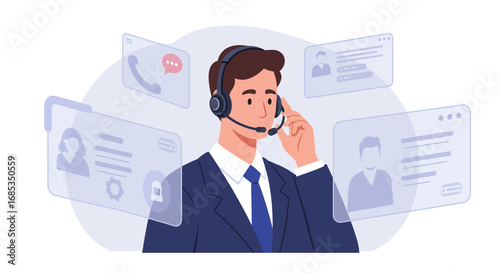 A professional man wearing a headset and suit, surrounded by floating digital interfaces displaying customer contact information and communication icons, rep...