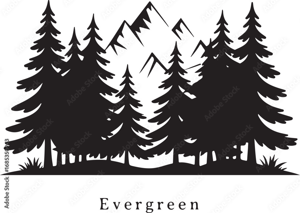Fototapeta premium Silhouette Vector of Towering Pine Trees with Mountain Backdrop, Black on White