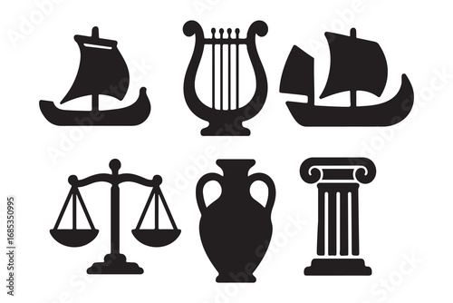 Ancient greek mythology symbols collection featuring zeus's lightning bolt pegasus and greek temple on white background    