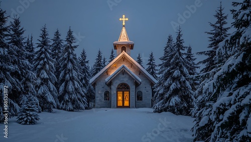 Snowy country church with glowing cross and pine trees, peaceful Christmas scene