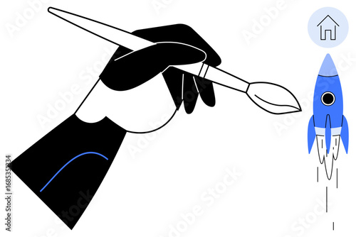 Black-and-white hand holding a brush painting a blue rocket launching. Ideal for creativity, design, innovation, imagination, startup, success, inspiration. Minimal and simple flat metaphor