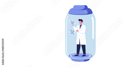 Scientist in a futuristic capsule analyzing genetic material, representing biotechnology and scientific research.