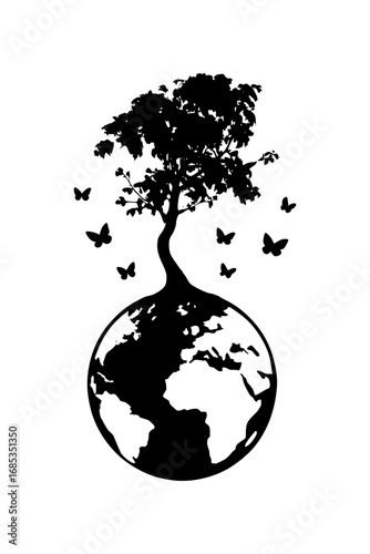 Earth day tree and butterflies, symbolizing environmental protection and sustainability awareness