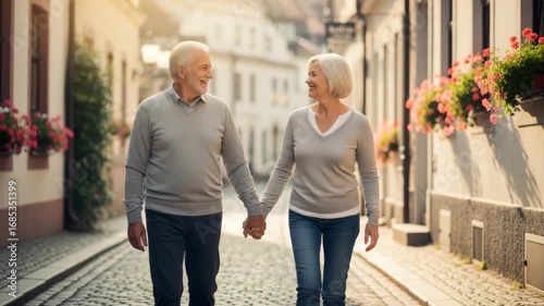 A senior man and woman walking down a cobblestone street holding hands, displaying a happy retirement lifestyle footage.