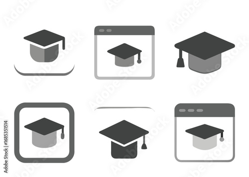 Monochrome graduation caps in icons represent educational achievement and online learning