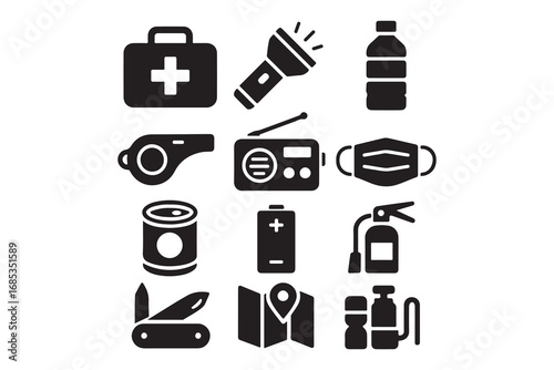 Essential survival gear: flashlight, radio, knife, compass, first aid kit, rope, canned food icons