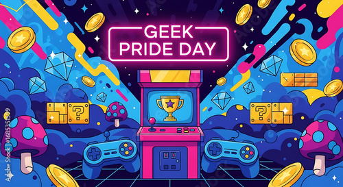 Vibrant geek pride day celebration with arcade games and controllers