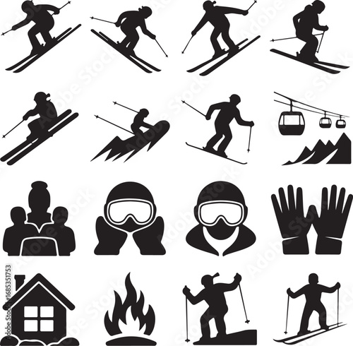 Collection of black ski and winter sport silhouette icons skier snowboarder
