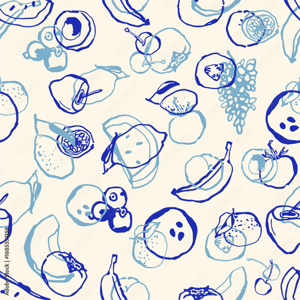 Ink drawn vector seamless repeat pattern in expressive freeform style. Fruit Ink drawn vector seamless repeat pattern in expressive freeform style. Fruit