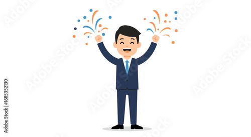 Cartoon businessman celebrating with fireworks, expressing joy and success.
