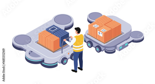 Isometric illustration of a worker loading boxes onto an automated guided vehicle (AGV) with another AGV carrying boxes nearby.