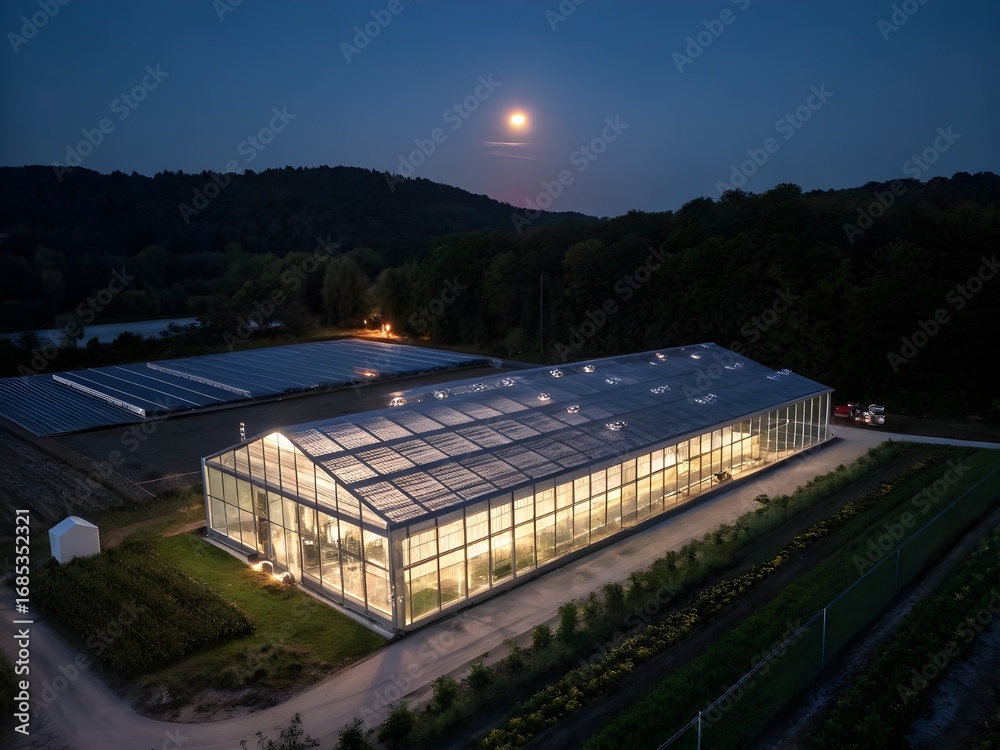 Obraz premium Night View of Solar-Powered Greenhouse with LED Grow Lights and Sustainable Farming