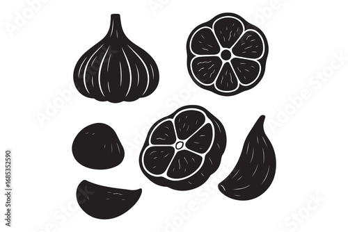 Garlic set head of garlic cloves peeled and husked silhouette vector illustrati