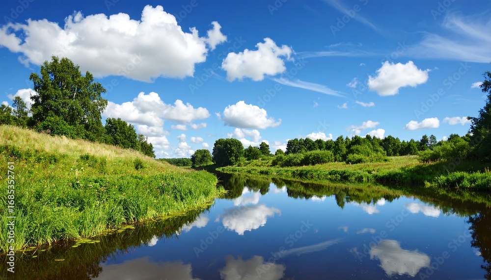 Fototapeta premium Serene river landscape under a vibrant summer sky