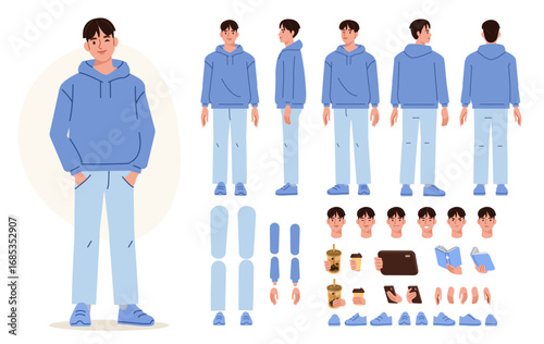Teenage boy, student wearing korean style hoodie. Character constructor for animation. Front, side and back view set. Body parts, postures, poses collection. Vector illustration.
