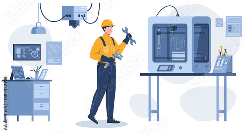 Technician inspecting a 3D printer in a modern workshop setting.