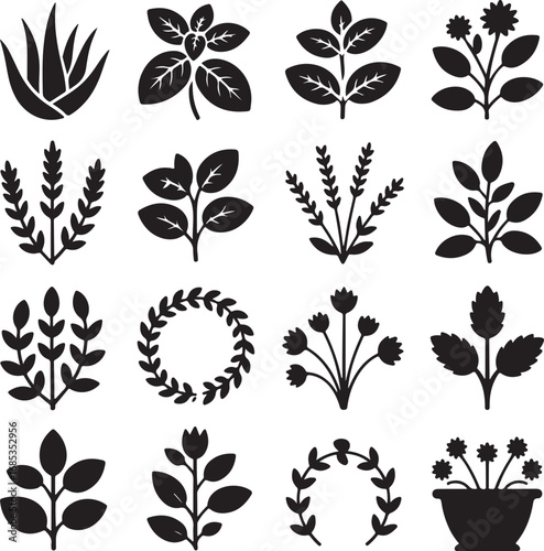 Assorted Black Botanical Silhouettes on White Background Keywords: plant, leaf, leaves, branch