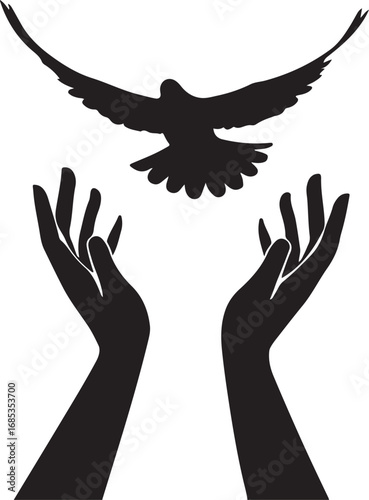 Black silhouette of a dove flying above open hands against a white background bird