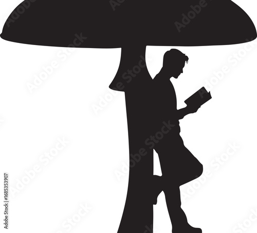 Silhouette of a man reading a book leaning against a mushroom vector