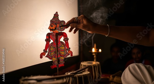Elderly Hand Animating Tholpavakoothu Leather Puppet on Screen by Oil Lamp Glow, Showcasing Ancient Indian Storytelling and Cultural Heritage Performance