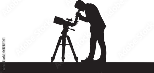 Silhouette of a man looking through a telescope on a tripod astronomy