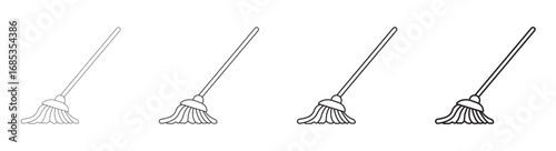 Vector illustration of mop icons with multiple line styles. Editable outline cleaning equipment symbols for sanitation, hygiene, and service projects