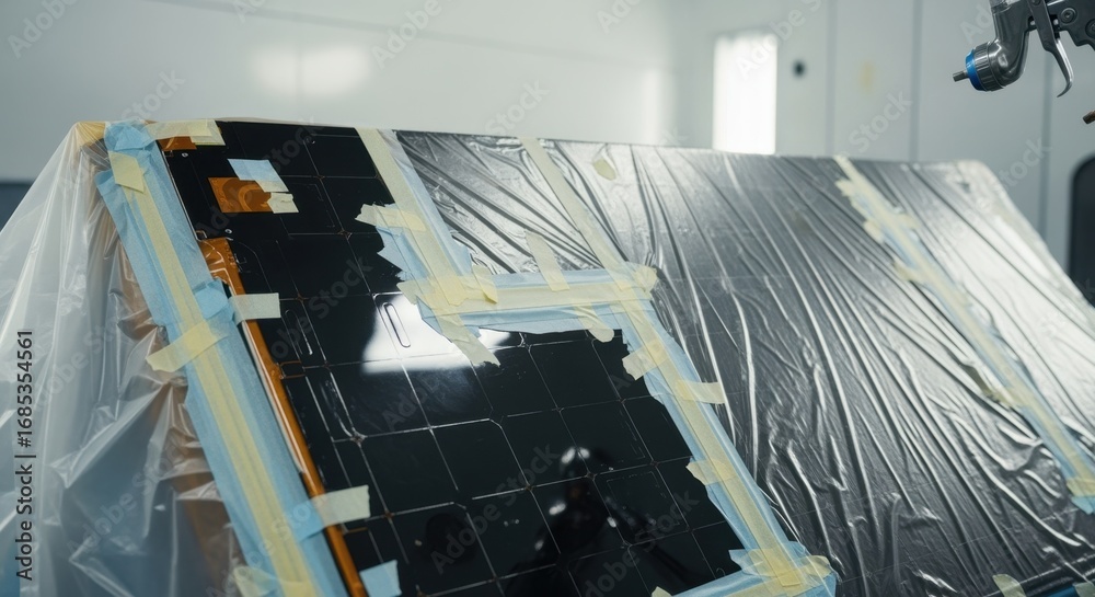 Fototapeta premium Protective plastic coverings and masking tape used around heatshield panels in a spray booth to ensure precise ablative material application.