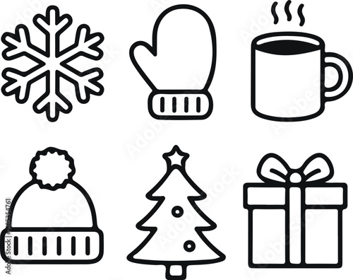 Christmas icons set with snowflake mitten hot drink winter hat tree and gift box vector illustration