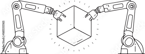Two industrial robot arms holding a geometric cube with radiating lines automation technology
