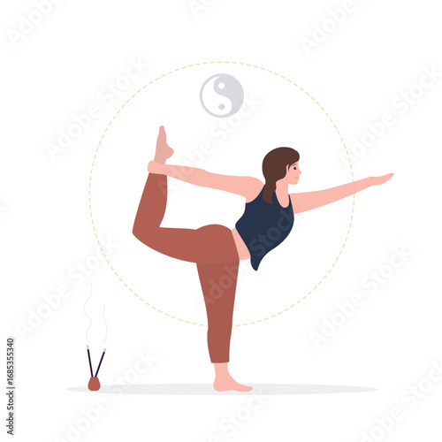 Young girl is doing yoga at the yoga class center. Strong woman practicing yoga, design isolated on white background.