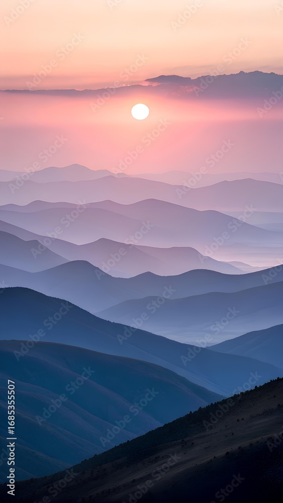 Obraz premium Soft pink sunrise over misty blue mountain ridges