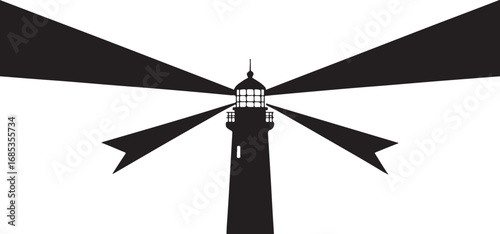 Black silhouette of a lighthouse with four beams of light against a white background vector