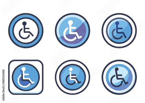 Collection of blue and white wheelchair accessibility signs of varying designs