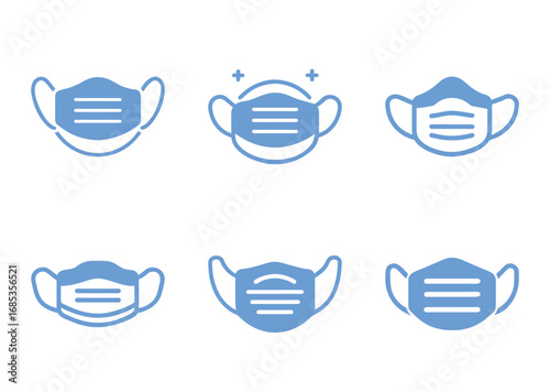 Collection of blue surgical face mask icons for virus protection
